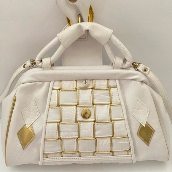 (R) Vintage Gold and White Geometric Pattern Purse With Removable Strap - Picture 4 of 16